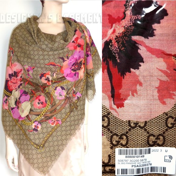 GUCCI pink Oshibana Flowers PANSHIE GG gold Chains giant 53"-square wool scarf - Picture 8 of 10